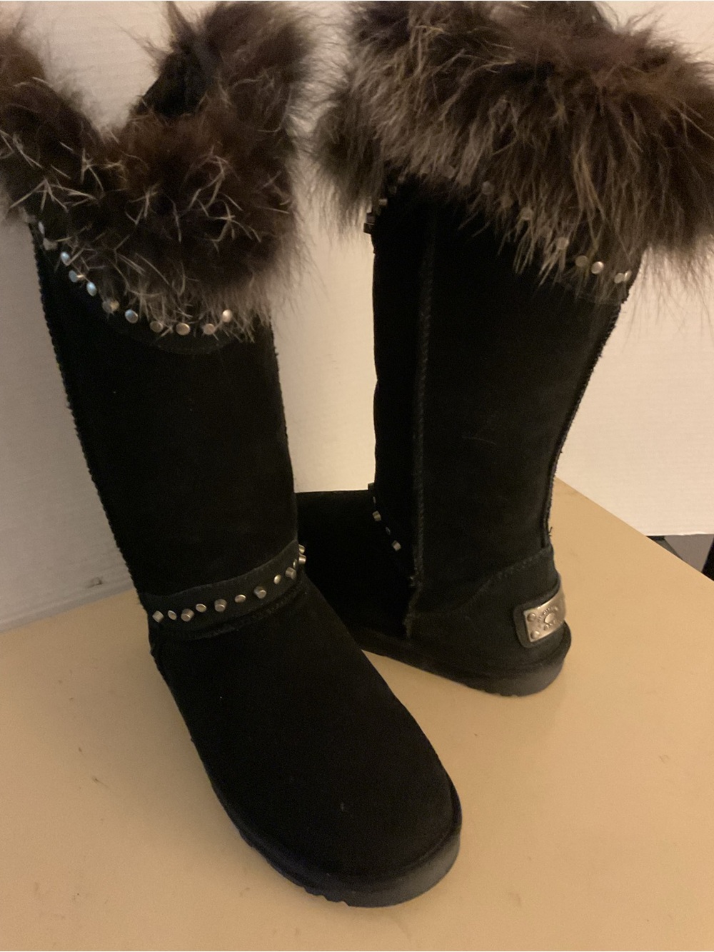 Australia collection women black suede fur stud tall boots US 8
